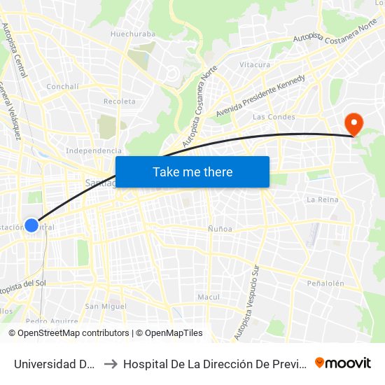 Universidad De Santiago to Hospital De La Dirección De Previsión De Carabineros map