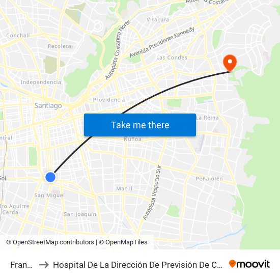 Franklin to Hospital De La Dirección De Previsión De Carabineros map