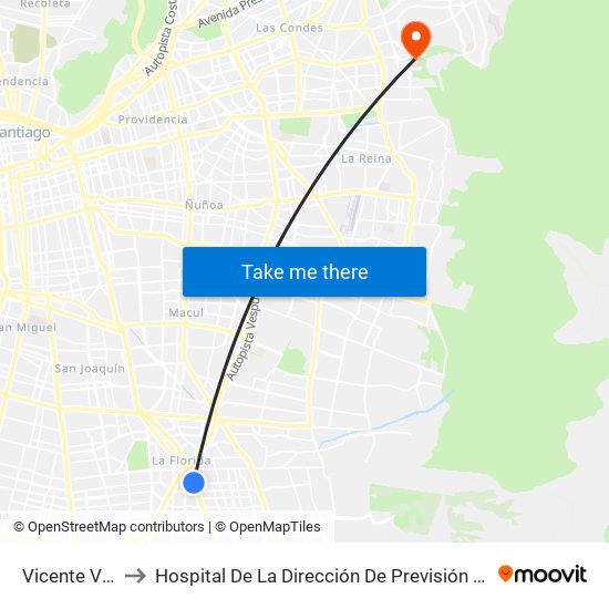 Vicente Valdés to Hospital De La Dirección De Previsión De Carabineros map