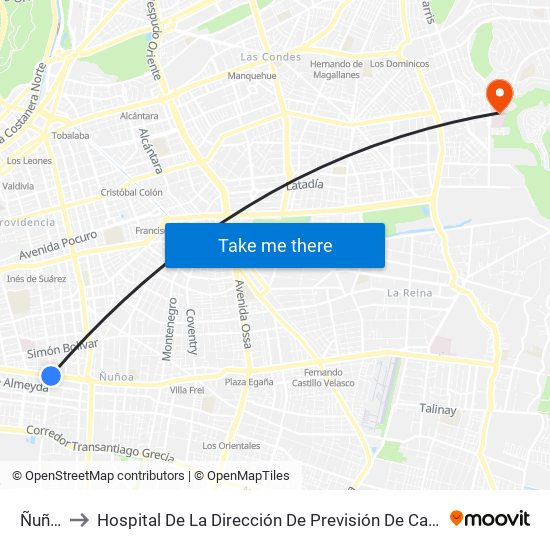 Ñuñoa to Hospital De La Dirección De Previsión De Carabineros map