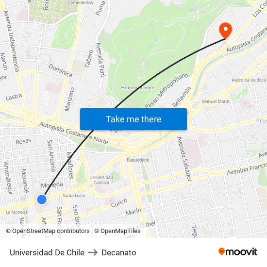 Universidad De Chile to Decanato map