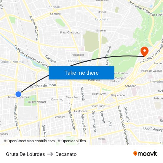 Gruta De Lourdes to Decanato map