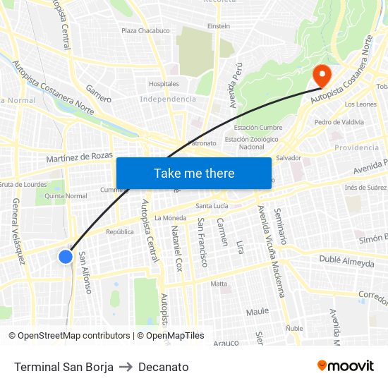 Terminal San Borja to Decanato map