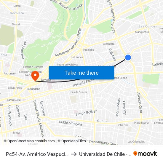 Pc54-Av. Américo Vespucio / Esq. Av. Cristóbal Colón to Universidad De Chile - Escuela De Postgrado map