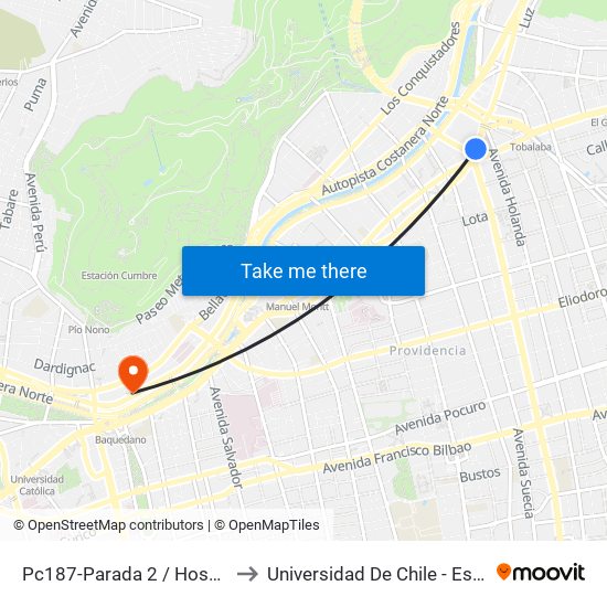 Pc187-Parada 2 / Hospital Metropolitano to Universidad De Chile - Escuela De Postgrado map