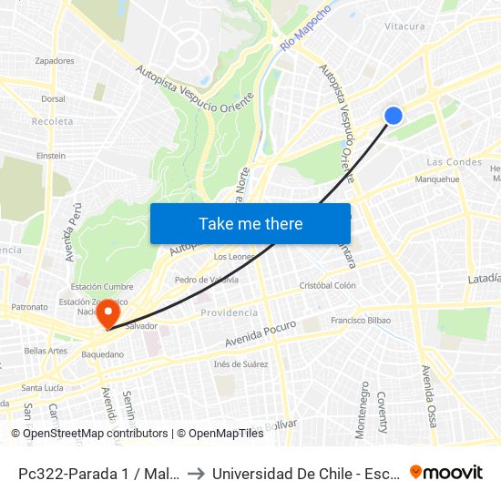Pc322-Parada 1 / Mall Parque Arauco to Universidad De Chile - Escuela De Postgrado map