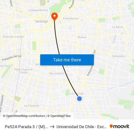 Pe524-Parada 3 / (M) Vicente Valdés to Universidad De Chile - Escuela De Postgrado map