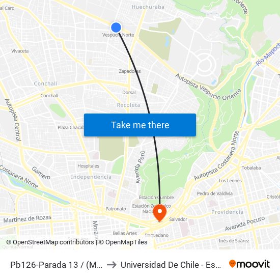 Pb126-Parada 13 / (M) Vespucio Norte to Universidad De Chile - Escuela De Postgrado map