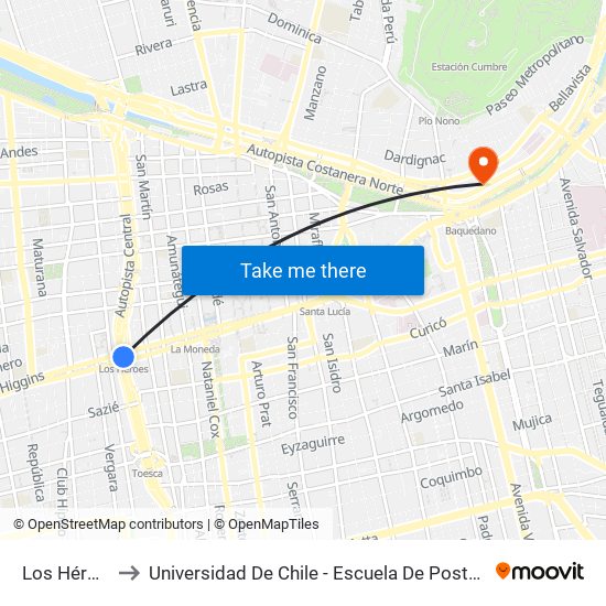 Los Héroes to Universidad De Chile - Escuela De Postgrado map