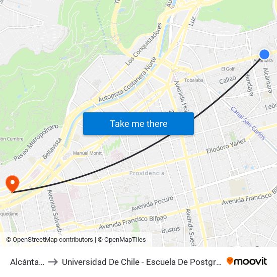 Alcántara to Universidad De Chile - Escuela De Postgrado map