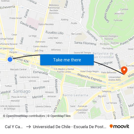 Cal Y Canto to Universidad De Chile - Escuela De Postgrado map
