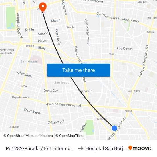 Pe1282-Parada / Est. Intermodal De La Florida to Hospital San Borja Arriarán map