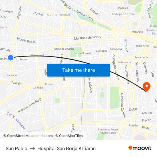 San Pablo to Hospital San Borja Arriarán map