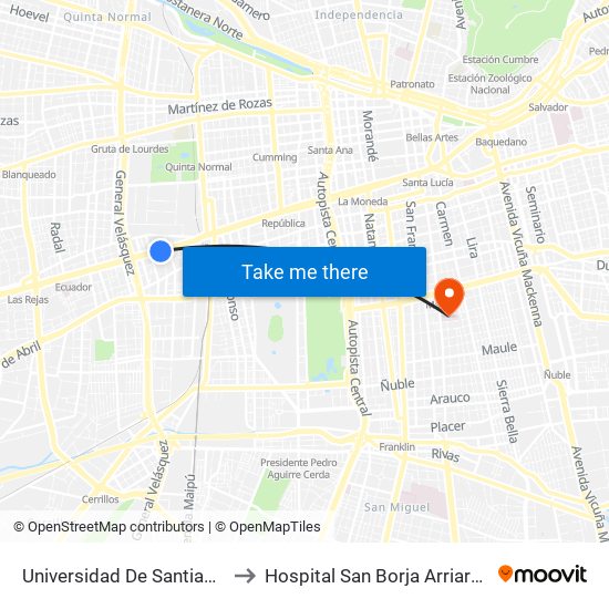 Universidad De Santiago to Hospital San Borja Arriarán map