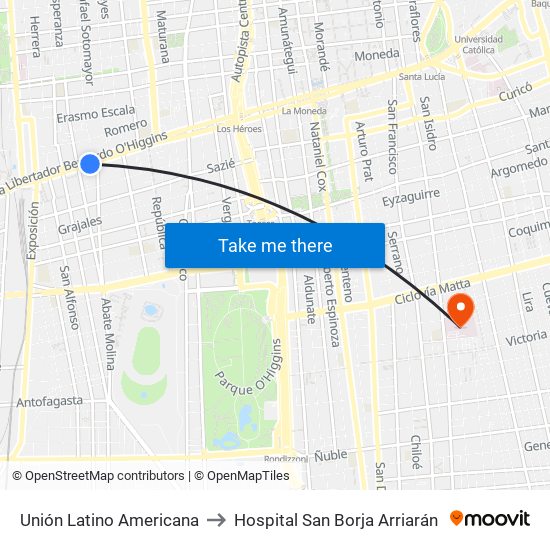 Unión Latino Americana to Hospital San Borja Arriarán map