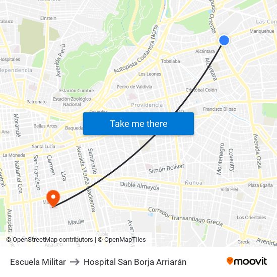 Escuela Militar to Hospital San Borja Arriarán map