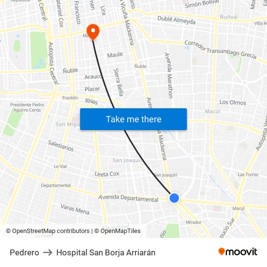 Pedrero to Hospital San Borja Arriarán map