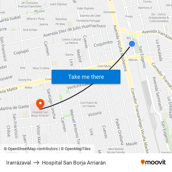 Irarrázaval to Hospital San Borja Arriarán map