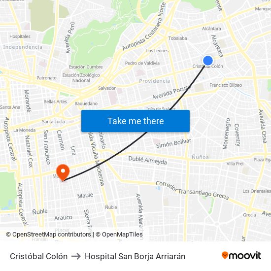 Cristóbal Colón to Hospital San Borja Arriarán map