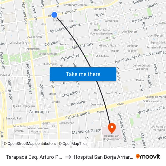 Tarapacá Esq. Arturo Prat to Hospital San Borja Arriarán map