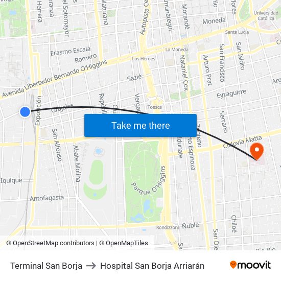 Terminal San Borja to Hospital San Borja Arriarán map