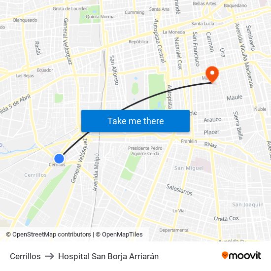 Cerrillos to Hospital San Borja Arriarán map