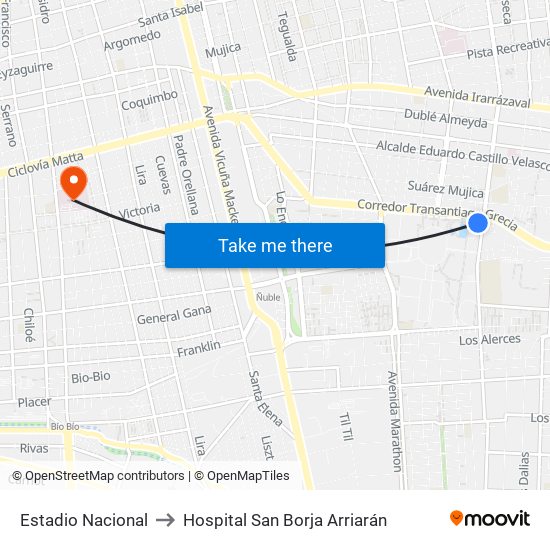 Estadio Nacional to Hospital San Borja Arriarán map