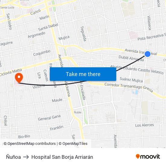 Ñuñoa to Hospital San Borja Arriarán map