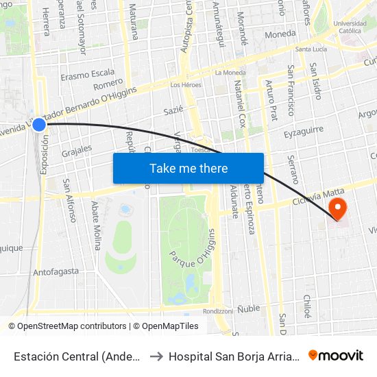 Estación Central (Anden1) to Hospital San Borja Arriarán map