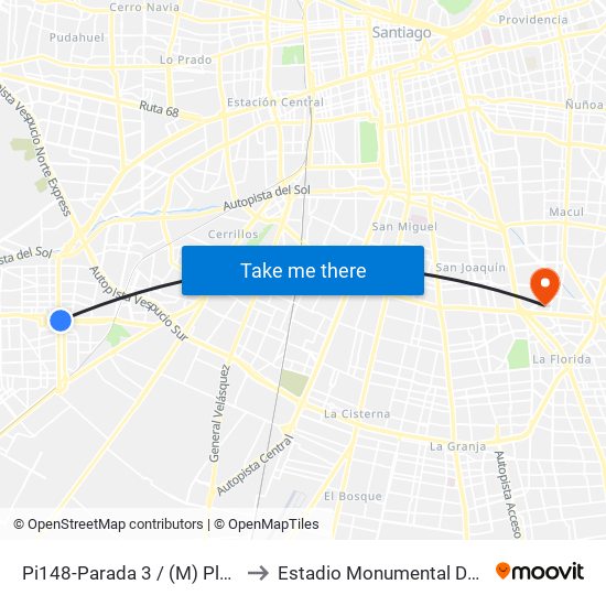 Pi148-Parada 3 / (M) Plaza De Maipú to Estadio Monumental David Arellano map