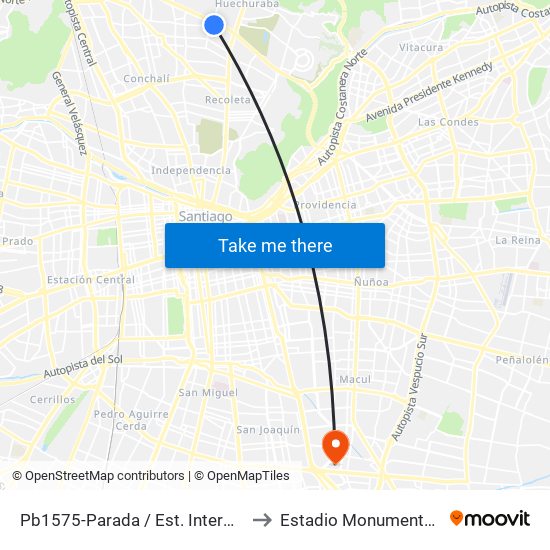 Pb1575-Parada / Est. Intermodal Vespucio Norte to Estadio Monumental David Arellano map