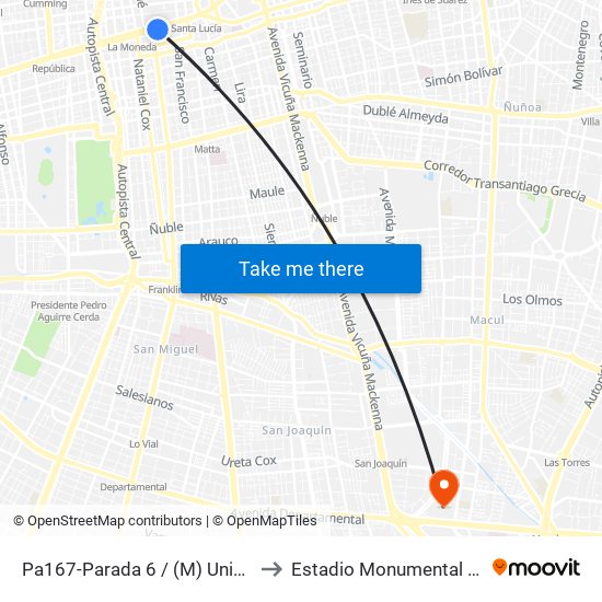 Pa167-Parada 6 / (M) Universidad De Chile to Estadio Monumental David Arellano map