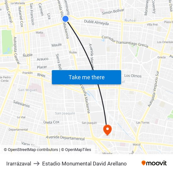 Irarrázaval to Estadio Monumental David Arellano map