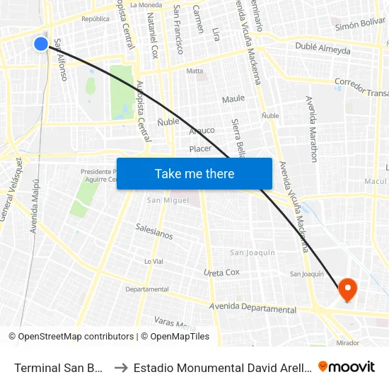 Terminal San Borja to Estadio Monumental David Arellano map