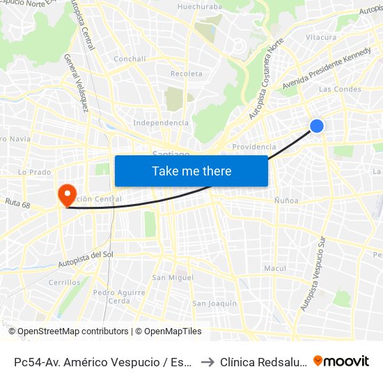 Pc54-Av. Américo Vespucio / Esq. Av. Cristóbal Colón to Clínica Redsalud Santiago map