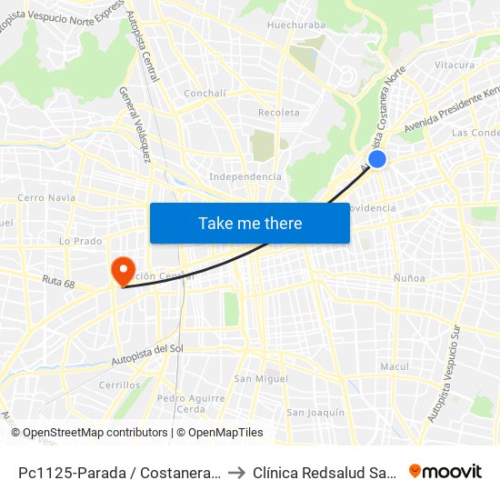 Pc1125-Parada / Costanera Center to Clínica Redsalud Santiago map