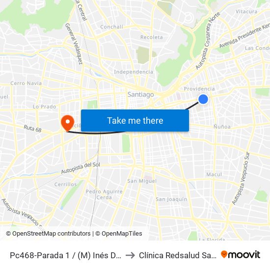 Pc468-Parada 1 / (M) Inés De Suarez to Clínica Redsalud Santiago map