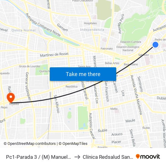 Pc1-Parada 3 / (M) Manuel Montt to Clínica Redsalud Santiago map