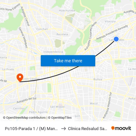 Pc105-Parada 1 / (M) Manquehue to Clínica Redsalud Santiago map