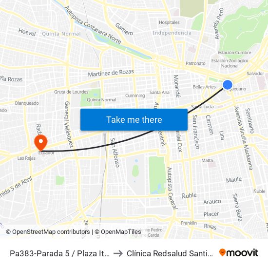 Pa383-Parada 5 / Plaza Italia to Clínica Redsalud Santiago map