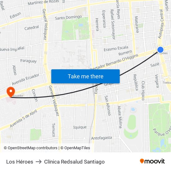 Los Héroes to Clínica Redsalud Santiago map