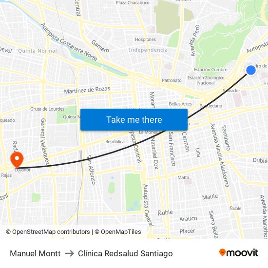 Manuel Montt to Clínica Redsalud Santiago map