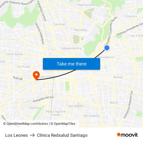 Los Leones to Clínica Redsalud Santiago map