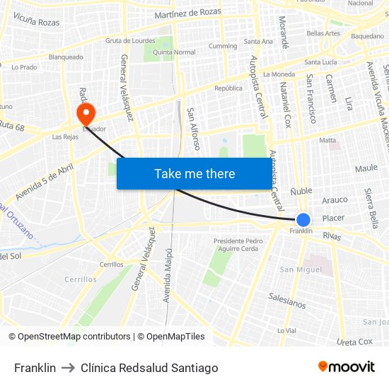 Franklin to Clínica Redsalud Santiago map