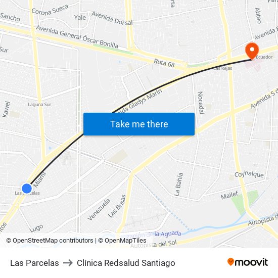 Las Parcelas to Clínica Redsalud Santiago map