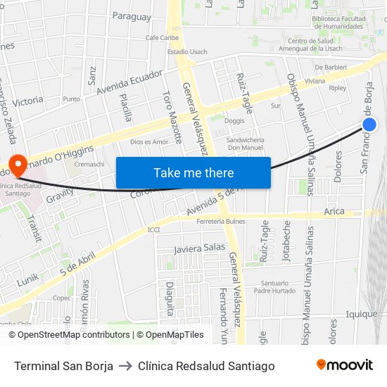 Terminal San Borja to Clínica Redsalud Santiago map