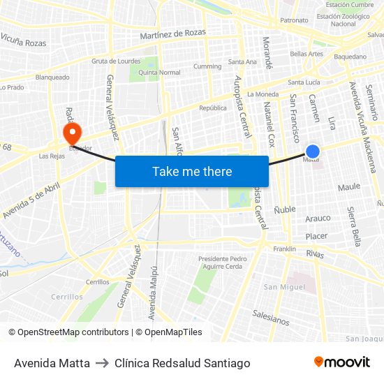 Avenida Matta to Clínica Redsalud Santiago map