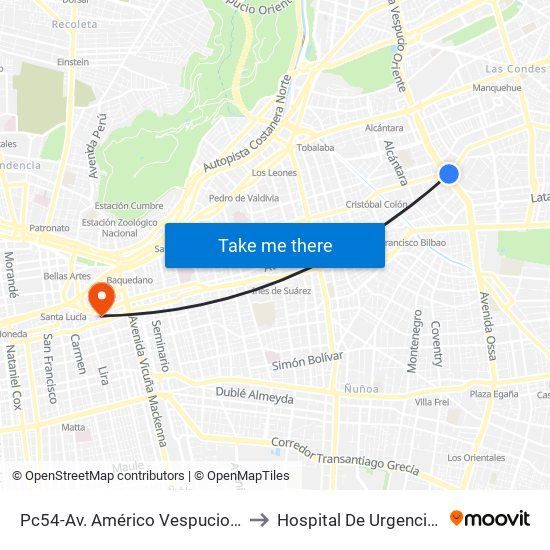 Pc54-Av. Américo Vespucio / Esq. Av. Cristóbal Colón to Hospital De Urgencia Asistencia Pública map