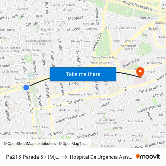 Pa215-Parada 5 / (M) La Moneda to Hospital De Urgencia Asistencia Pública map