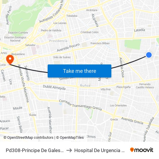 Pd308-Príncipe De Gales / Esq. S. Izquierdo to Hospital De Urgencia Asistencia Pública map